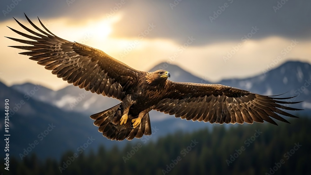Fototapeta premium Majestic Golden Eagle Soaring Above Mountain Peaks at Sunset.