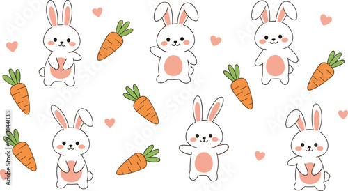 Cute Bunny and Carrot Icon Set with Adorable Cartoon Rabbits and Hearts for Kids Design, Easter Theme, Animal Illustration, and Playful Decoration