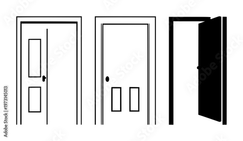 Front door icon set with solid black icon on white background featuring front door, black line, simple vector with minimalist and outline