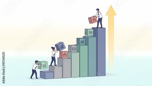 Business growth concept with people stacking boxes on rising bars its only illustration