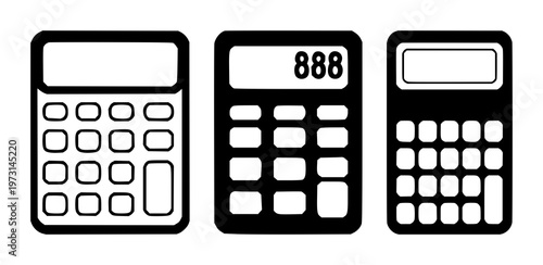 Calculator icon set with solid black icon on white background featuring calculator, icon, line art with silhouette and outline