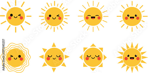 Cute Sun Icon Set Featuring Smiling Cartoon Faces with Different Ray Styles for Weather, Summer, Kids Design, Emoji, and Decorative Elements