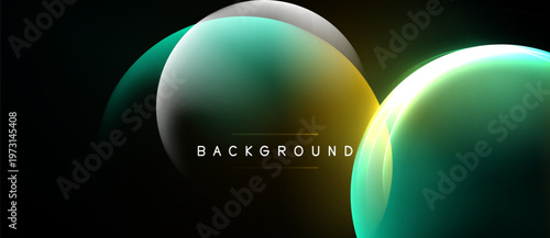 Abstract circles overlap, creating vibrant gradients. Dark background emphasizes luminous shapes, modern design element.