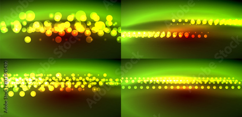 Four panels display vibrant bokeh effects. Green background dominates, with yellow, orange, red highlights creating dynamic patterns. Light gradients present.