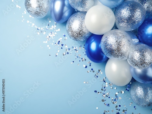 Festive Blue and Silver Balloons with Glittering Confetti.