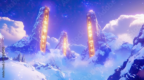 Ancient Runic Pillars Illuminating a Frozen, Starry Mountainscape