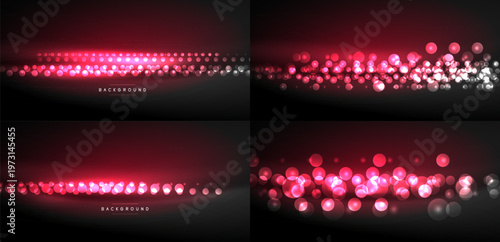 Dark backgrounds showcase vibrant red, pink bokeh effects. Circular lights create dynamic visual textures, ideal for digital designs.