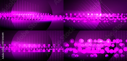 Abstract pink lights, circles, dots create dynamic patterns. Dark background emphasizes vibrant illumination, modern design elements.