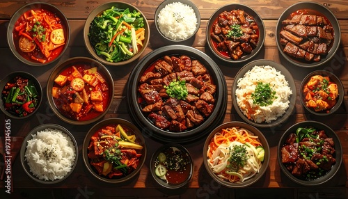 A large spread of various dishes on a wooden table (1)