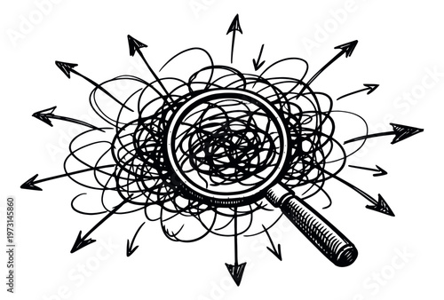 Hand drawn illustration of a magnifying glass depicting complexity and problem solving for business analysis concept