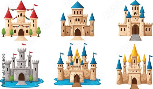 Fantasy Castle Icon Set Featuring Fairytale Palaces with Towers, Flags, and Moats for Game Design, Storybook Illustration, and Medieval Architecture Concepts