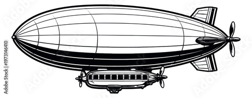Vintage line art illustration of an airship depicting historical air travel for aviation and transport designs