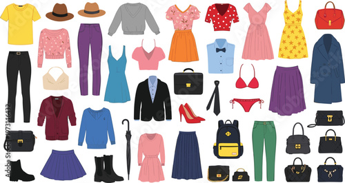 Fashion Clothing and Accessories Icon Set Featuring Dresses, Jackets, Pants, Shoes, Bags, and Outfits for Retail, Wardrobe, and Apparel Design