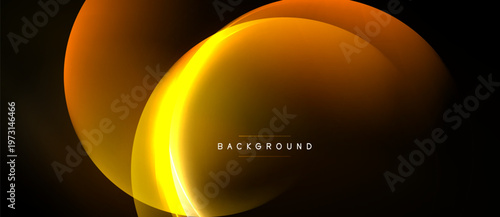 Abstract design features layered orange, yellow circles over black background. Modern, dynamic composition creates glowing effect.