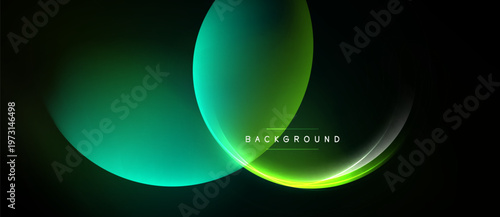 Abstract design features overlapping green gradients. Dynamic curves create luminous effect against dark backdrop. Modern, sleek presentation.