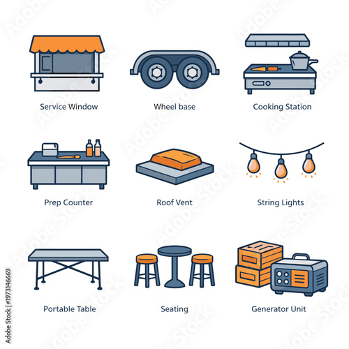 Food truck equipment icon collection