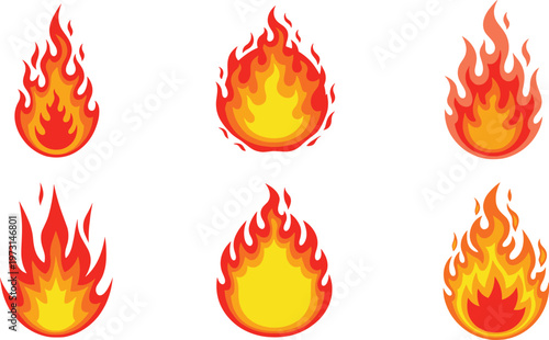 Fire Flame Icon Set Featuring Cartoon Blaze Styles in Red, Orange, and Yellow Colors for Heat, Energy, Hazard, and Graphic Design Use