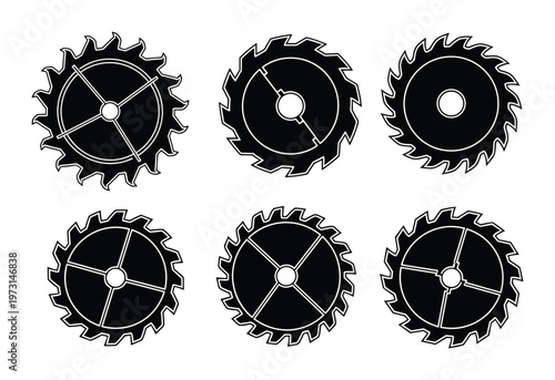Circular saw blades set, different angles and teeth variations for woodworking on transparent background