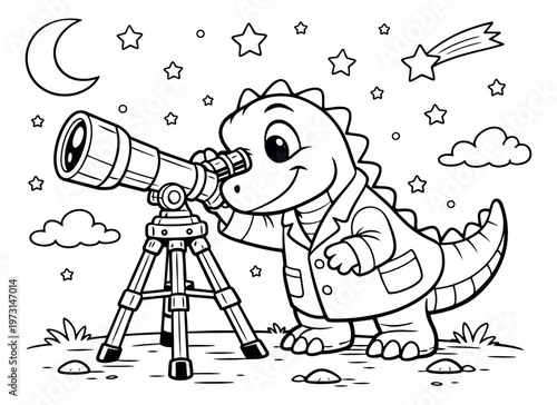 Hand drawn line art illustration of a cute dinosaur depicting stargazing with a telescope for an astronomy theme