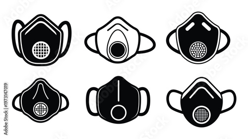 Collection of six different black face mask icons with white outlines on transparent background