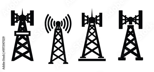 Communication towers and antennas icons for broadcasting and telecommunication networks