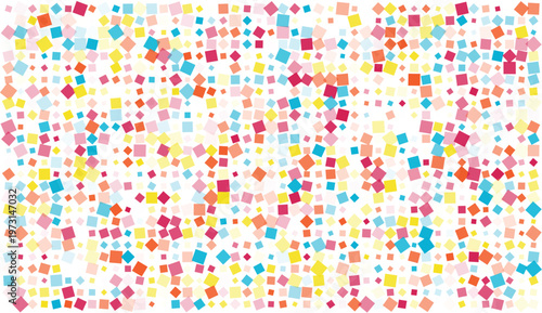 Colorful scattered squares of varying sizes and hues on a transparent background for graphic design