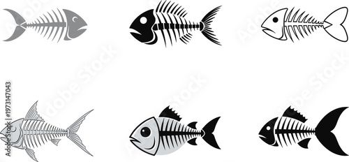 Fish Skeleton Icon Set Featuring Detailed and Minimal Bone Structure Silhouettes for Marine Biology, Anatomy, Ocean, and Scientific Design