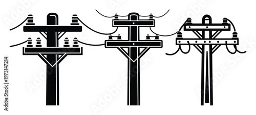 Electric utility poles with power lines and insulators icons set for energy infrastructure and urban supply
