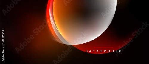 Abstract design features glowing curves, gradients. Dark background emphasizes bright orange, white elements. Modern, dynamic composition.