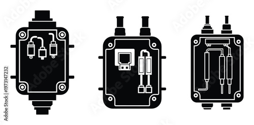 Electrical junction box diagrams showing internal wiring and connection points for power system installation