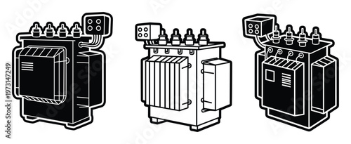 Electric power transformer icons set black and white high voltage station equipment for energy distribution