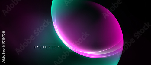 Abstract design features vibrant purple, teal gradients. Smooth lines create glowing oval shape over black backdrop. Modern, dynamic composition.
