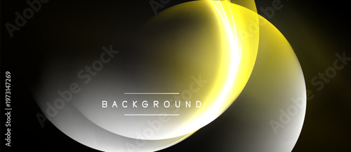 Abstract yellow shapes overlap, creating dynamic light effect. Background is dark, design feels modern, smooth gradients present.