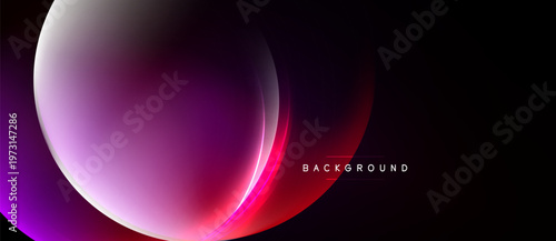 Abstract design features flowing lines, vibrant pinks, purples, reds against dark background. Modern, dynamic visual composition.