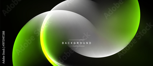 Abstract design features flowing neon shapes, gradients. Green, white, yellow hues dominate dark background. Modern, dynamic composition.