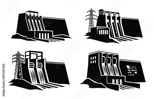 Four black icons of hydroelectric dams with power lines on transparent background
