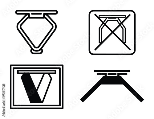 Four icons related to ironing boards and clothing care including do not iron symbol and folded board