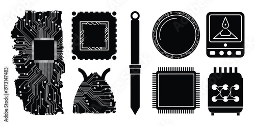 Futuristic electronic circuit board and computer processor chips set for technology and hardware interface