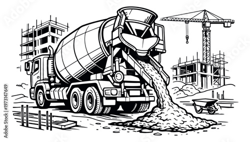 Line art illustration of a cement mixer truck depicting pouring concrete at a building site for construction development