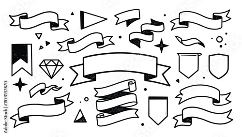 Hand drawn black banners ribbons shields diamonds and geometric shapes elements