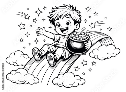 Hand drawn line art illustration of a happy boy depicting sliding down a rainbow with a pot of gold for St. Patrick's Day