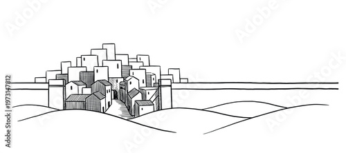 Hand-drawn village on hillsides, architectural sketch, panoramic landscape element