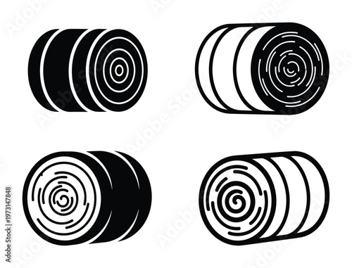 Hay bale roll icon collection for agricultural farming and rural harvesting field landscape design elements