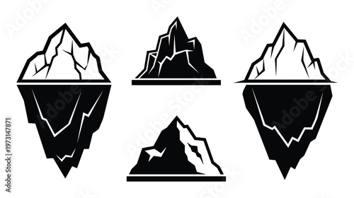 Iceberg silhouettes collection with different shapes above and below water line isolated on white background