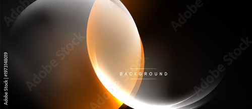 Abstract design features overlapping orange, white curves. Dark background creates dramatic visual effect. Modern, sleek presentation.