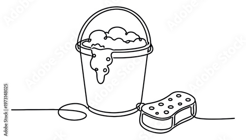 Continuous line art illustration of a bucket with suds and a sponge depicting cleaning activities for hygiene