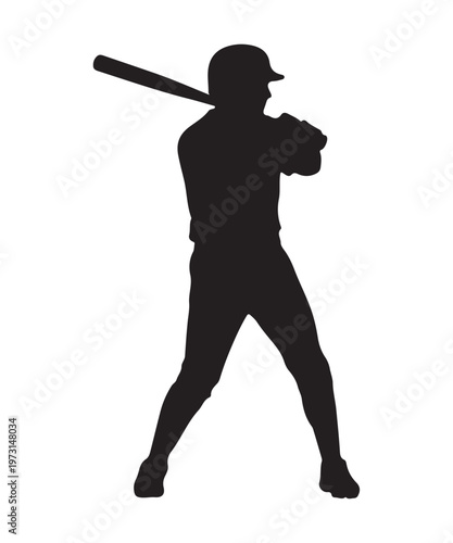 A detailed black silhouette of a baseball player in a ready batting stance, holding the bat poised for a powerful swing, capturing the anticipation and focus of the athlete in a clean vector graphic.