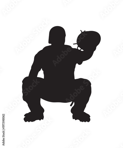 A detailed black silhouette of a baseball catcher in a low squatting position, wearing a helmet and mitt, poised and ready to receive a pitch, highlighting the focus and protective gear of the player.