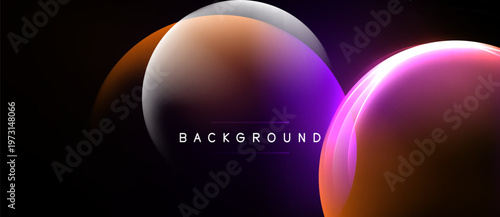Abstract circles overlap, creating vibrant gradients. Purple, orange hues dominate dark background. Modern design element.