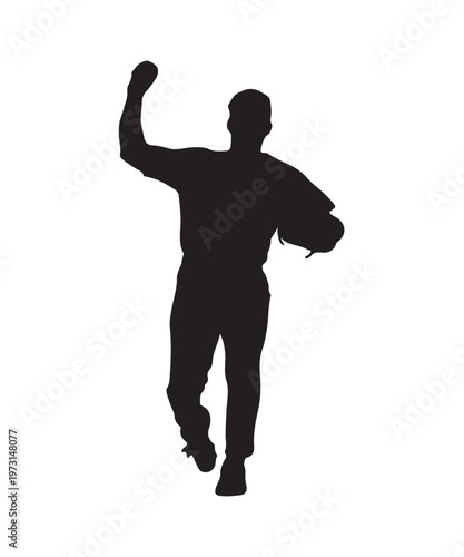 Dynamic silhouette of a triumphant baseball pitcher, arm raised in celebration after a powerful throw, embodying victory and athletic achievement on the field.